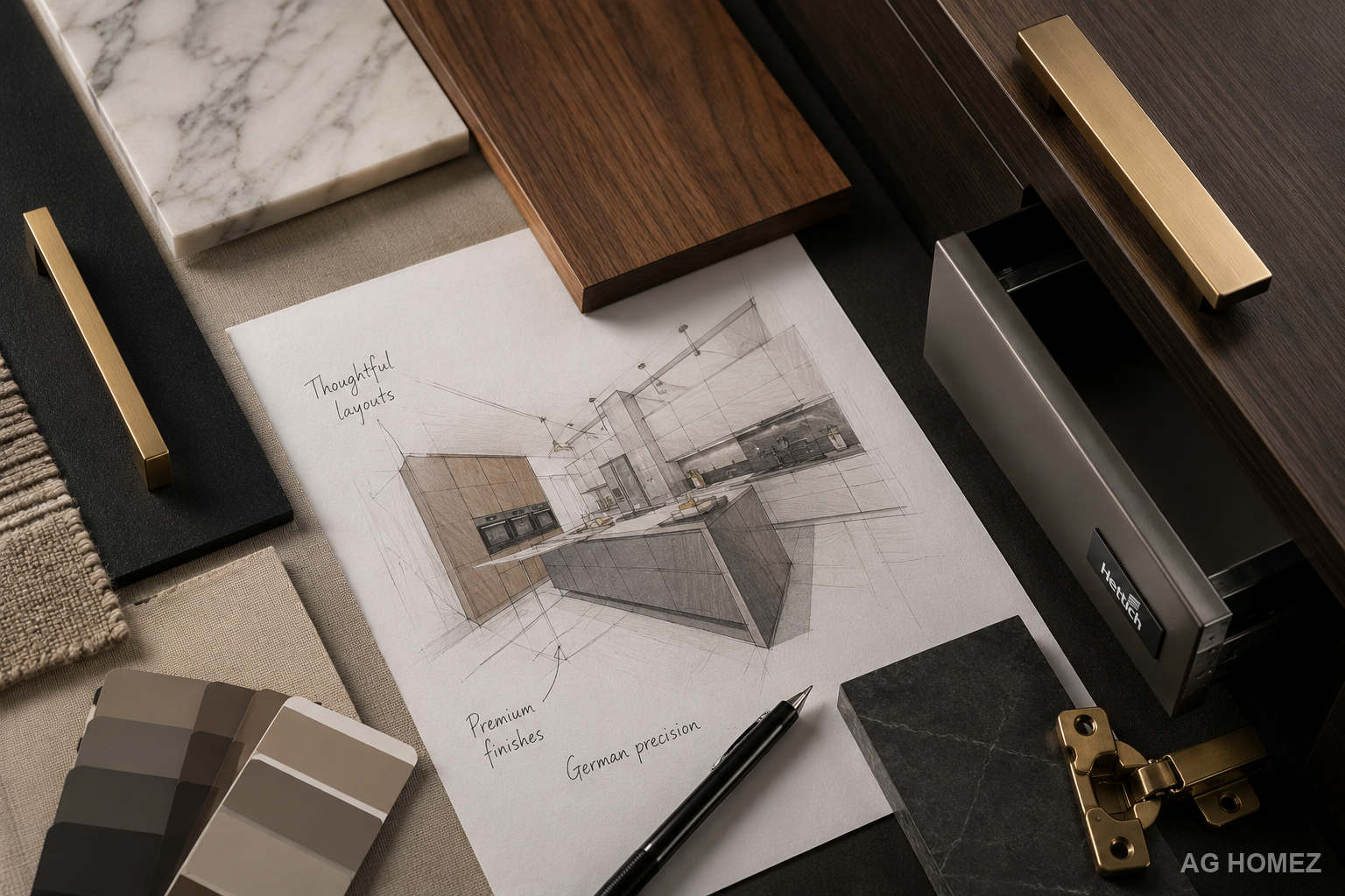 Kitchen concept sketch annotated with thoughtful layouts, premium finishes and German precision, beside Hettich hardware and material samples